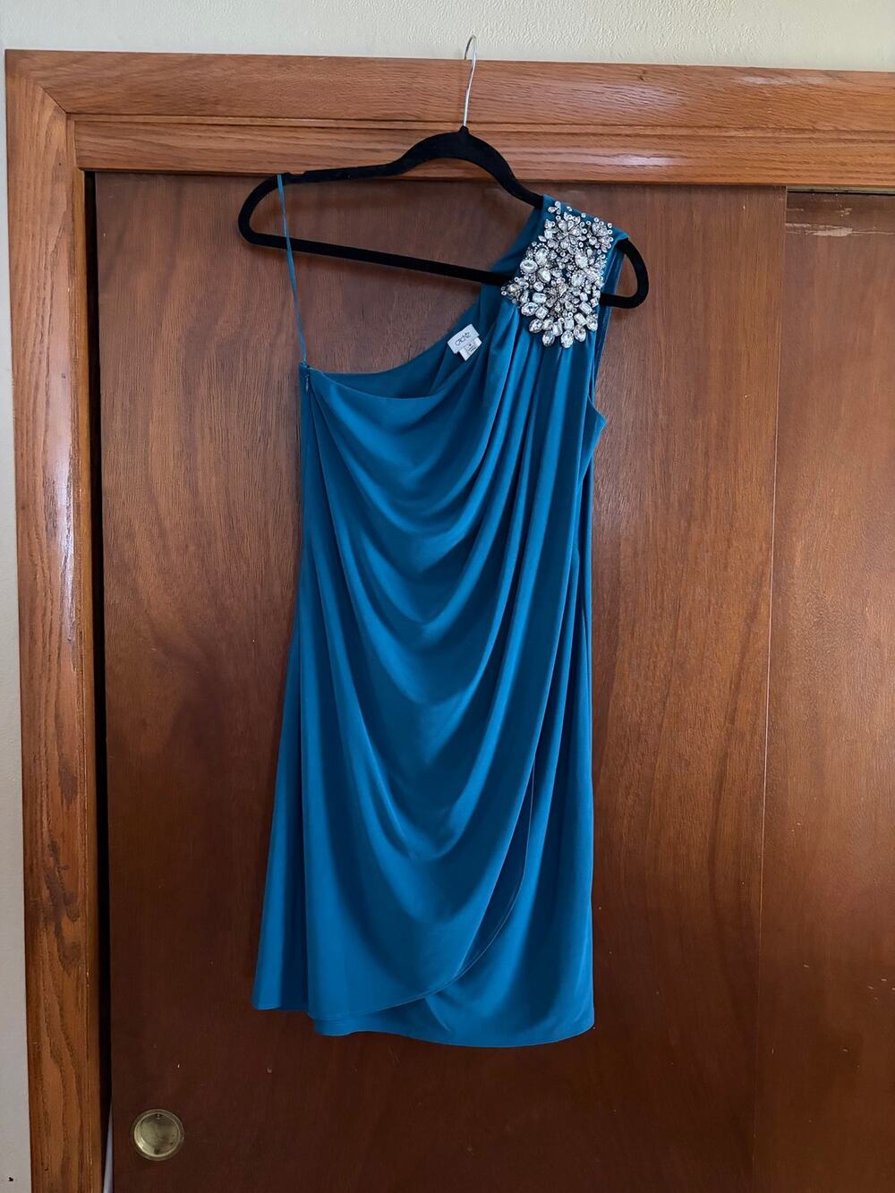 Cache One Shoulder Beaded Cocktail Dress Aqua Blue Draped Size 6 NWT Teal